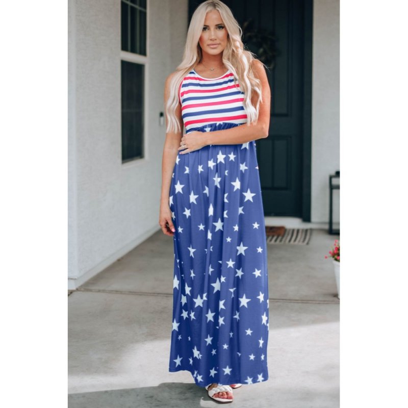 Blue Stripes and Stars Sleeveless Maxi Dress with Pockets - from category Maxi Dresses