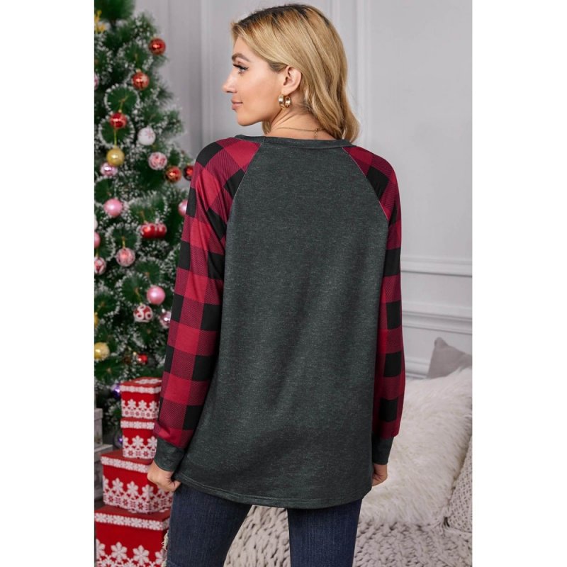 Red Plaid Christmas Print Long Sleeve Top - from category Long Sleeve Tops