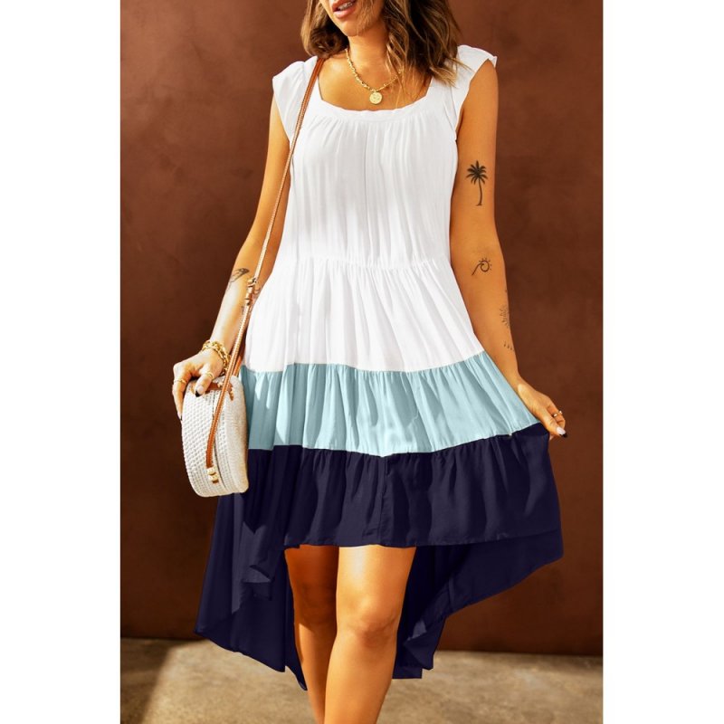 Blue High Low Tiered Colorblock Square Collar Midi Dress - from category Midi Dresses