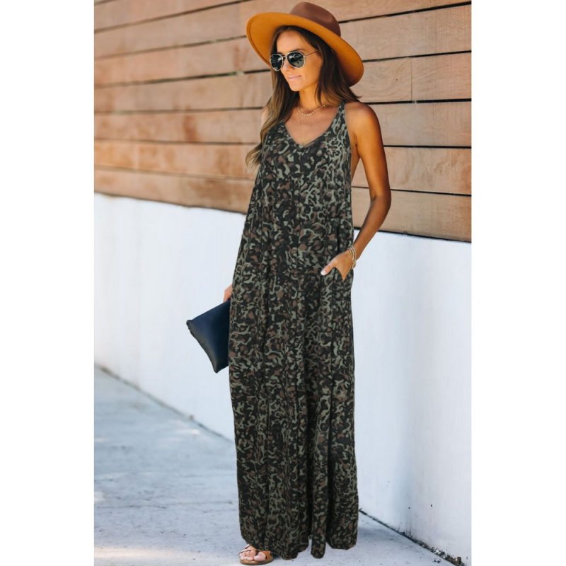 Green Leopard Sleeveless Cut-out Pocketed Maxi Dress - from category Maxi Dresses