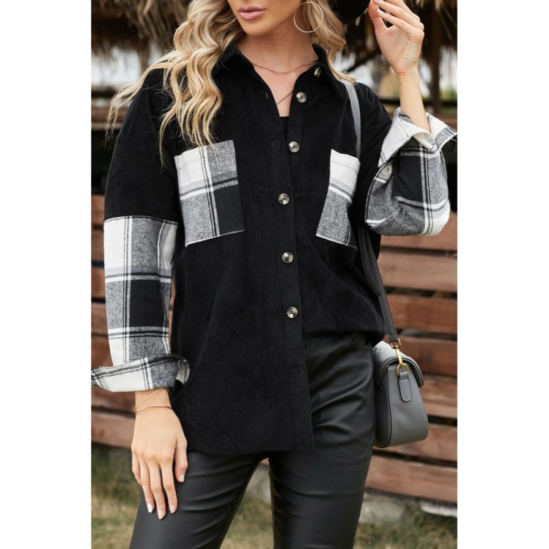 Plaid Splicing Button-up Corduroy Jacket - from category Jackets & Coats