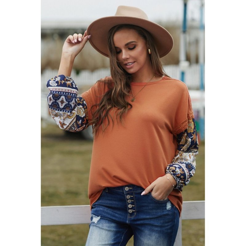 Brown Boho Floral Print Balloon Sleeve Top with Lace Details - from category Long Sleeve Tops