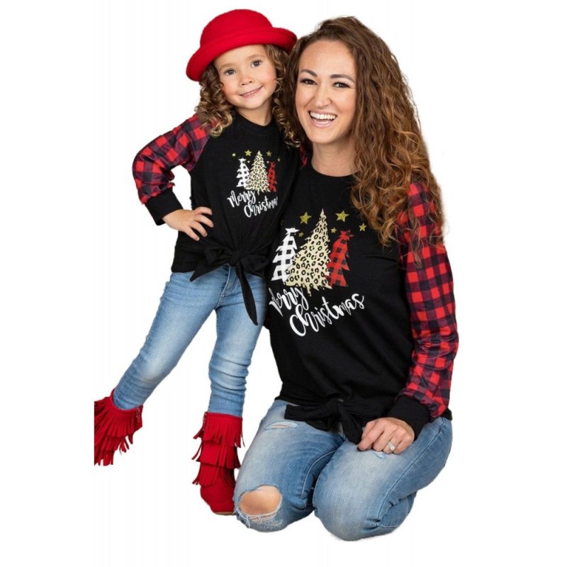 Family Matching Mom's Plaid Christmas Print Tie Knot Long Sleeve Top - from category Long Sleeve Tops