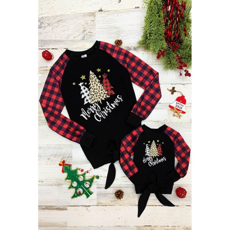 Family Matching Mom's Plaid Christmas Print Tie Knot Long Sleeve Top - from category Long Sleeve Tops