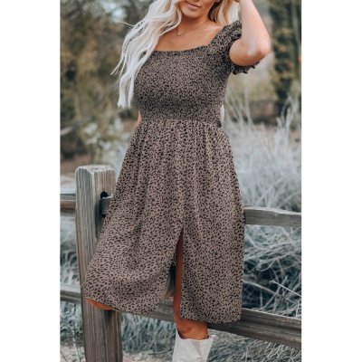 Brown Leopard Square Neck Puff Sleeve Smocking Dress - from category Midi Dresses