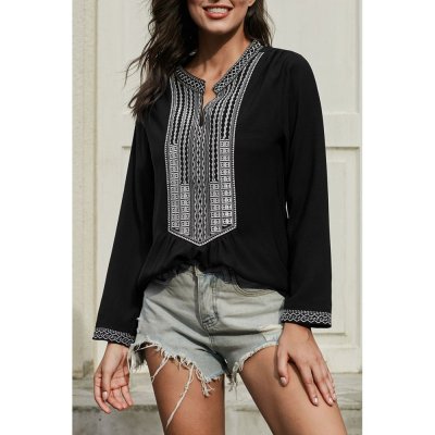 Black Long Sleeves Front Embroidery Blouse