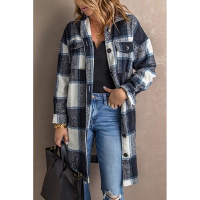 Black Shirt Collar Button Closure Plaid Coat