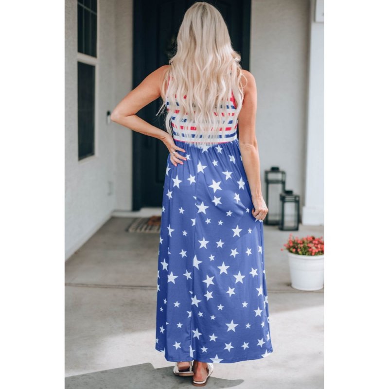 Blue Stripes and Stars Sleeveless Maxi Dress with Pockets - from category Maxi Dresses