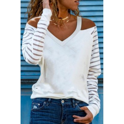 Mesh Striped Cut-out Cold Shoulder Long Sleeve T-shirt - from category Long Sleeve Tops