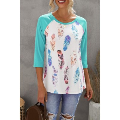 Green Feather Print 3/4 Raglan Sleeve Top