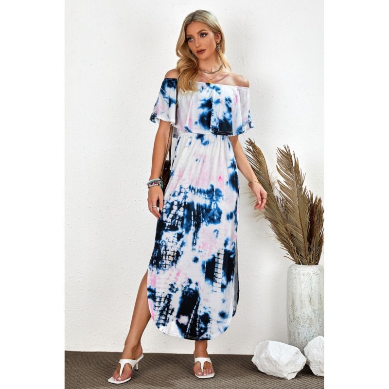 Ruffle Off Shoulder Neckline Tie-dye Maxi Dress with Slits - from category Maxi Dresses