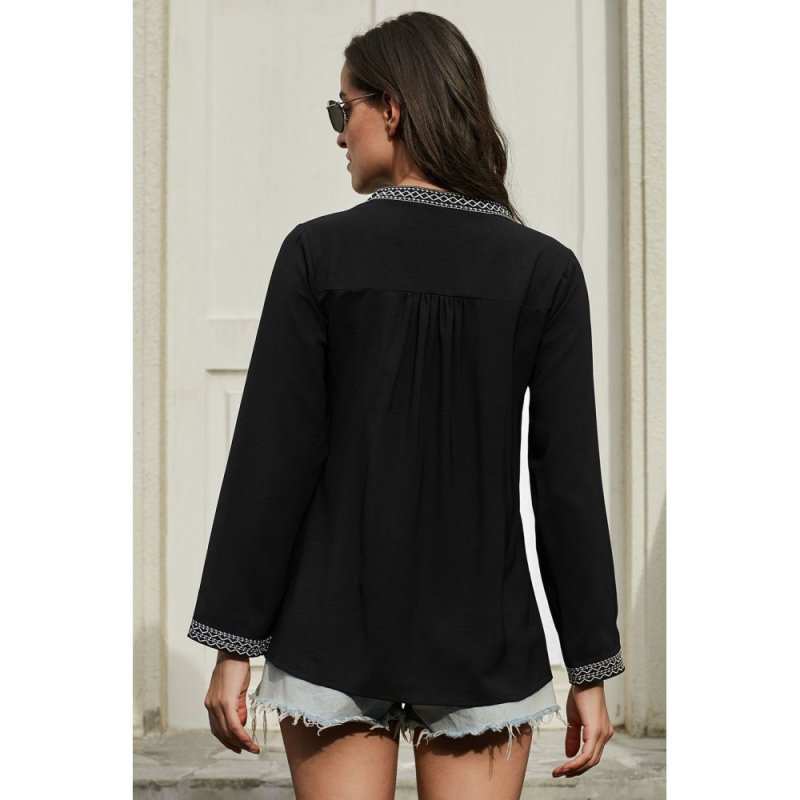 Black Long Sleeves Front Embroidery Blouse