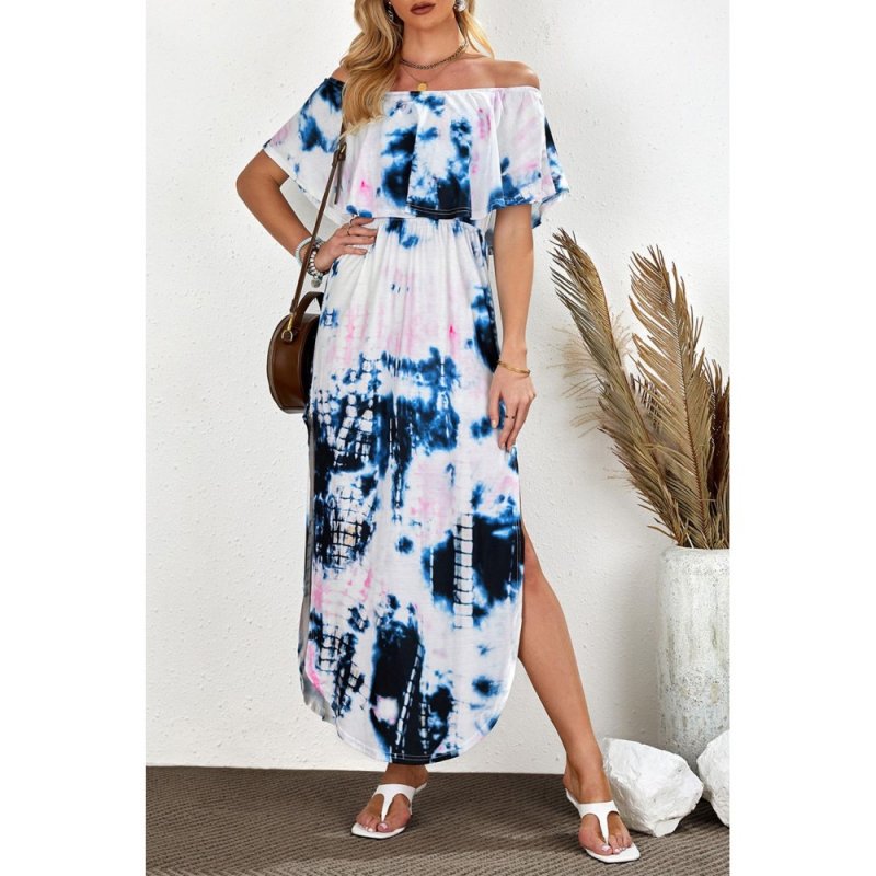 Ruffle Off Shoulder Neckline Tie-dye Maxi Dress with Slits - from category Maxi Dresses