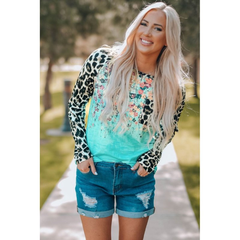 Leopard Tie-dye Splicing Long Sleeve Top - from category Long Sleeve Tops