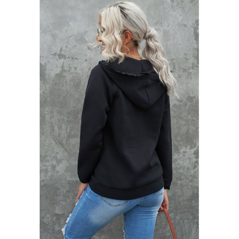 Black Zip-up Lace Trim Hooded Coat - from category Jackets & Coats