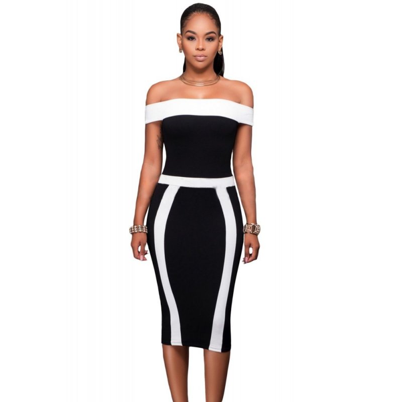 Black White Patchwork Bandeau Boat Neck Off Shoulder Midi Dress