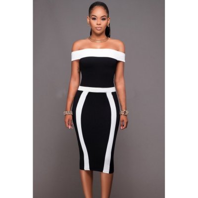 Black White Patchwork Bandeau Boat Neck Off Shoulder Midi Dress