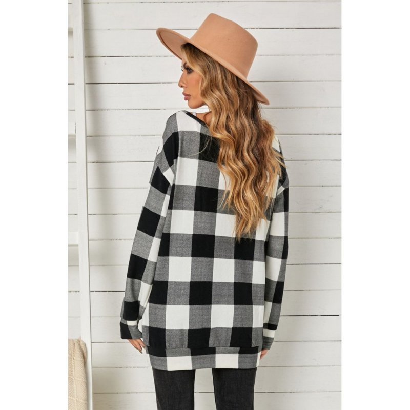 Plaid Kangaroo Pocket Long Sleeve Blouse - from category Long Sleeve Tops