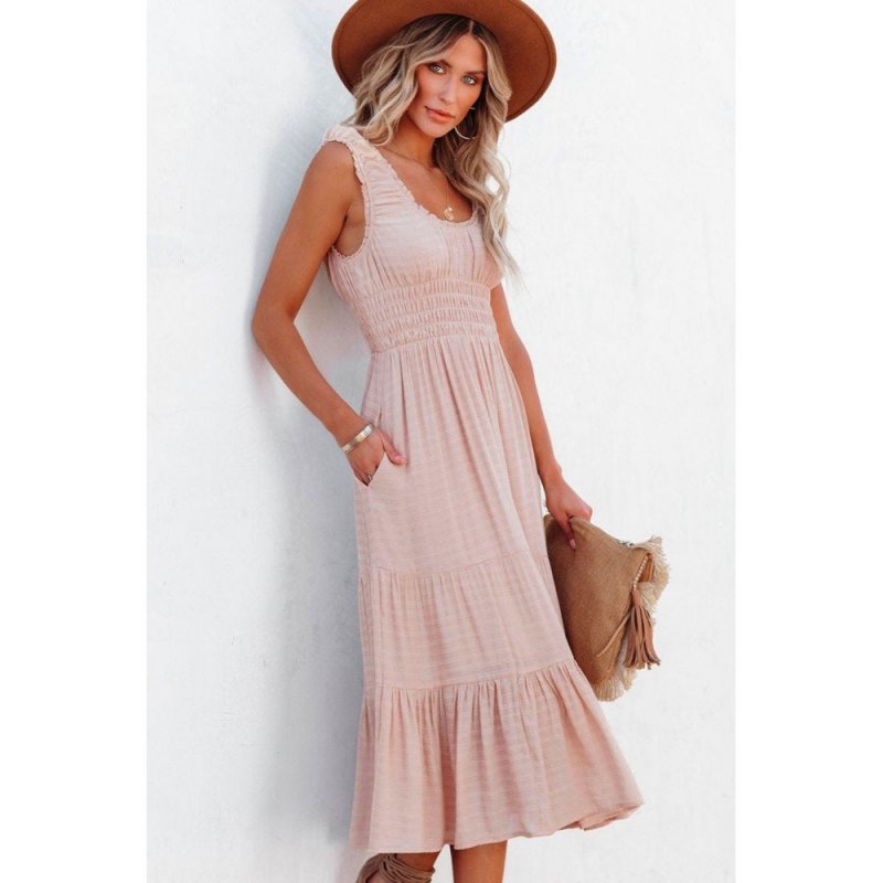 Apricot Smocked Ruched Sleeveless High Waist Midi Dress