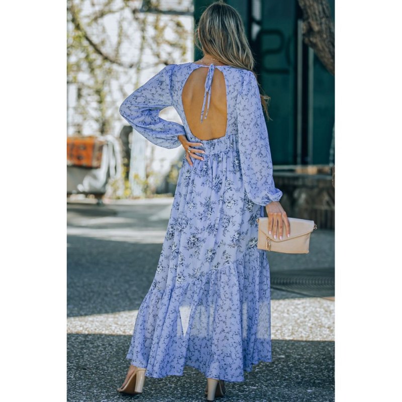 Sky Blue Floral Print Bubble Sleeves Hollow-out Back Maxi Dress - from category Maxi Dresses