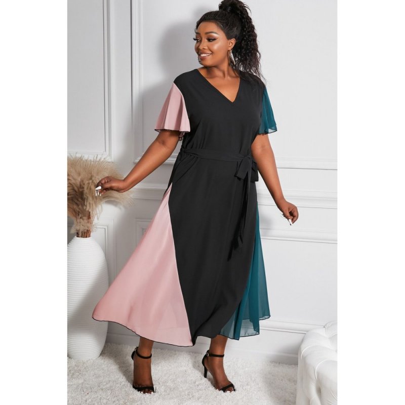 Color Block Lace-up V Neck Plus Size Maxi Dress - from category Maxi Dresses