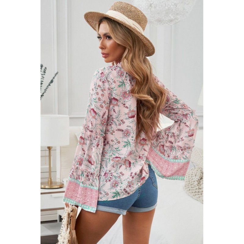 Pink Floral Print V Neck Drawstring Flared Sleeve Top - from category Long Sleeve Tops