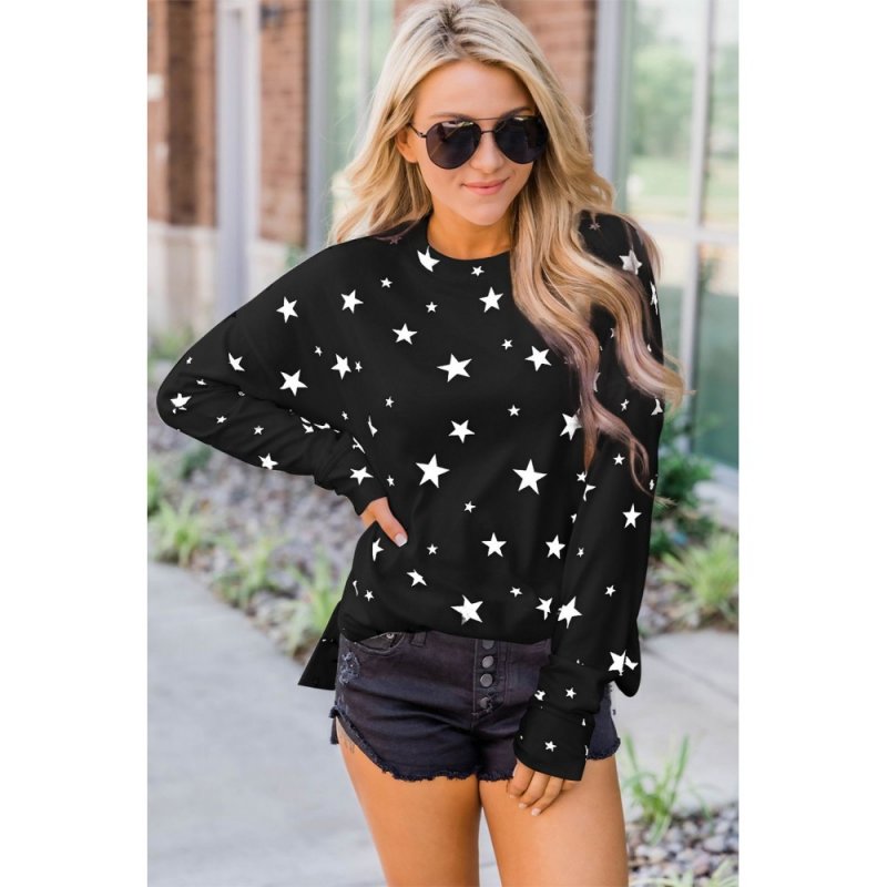 Black Give A Little Love Crew Neck Star Print Long Sleeve Top - from category Long Sleeve Tops