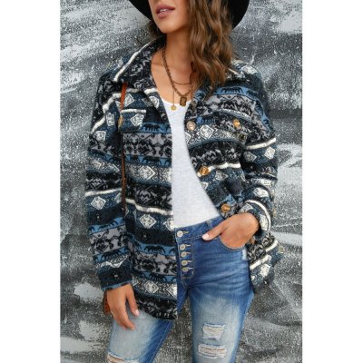 Blue Tribal Print Pocket Buttoned Sherpa Jacket - from category Jackets & Coats