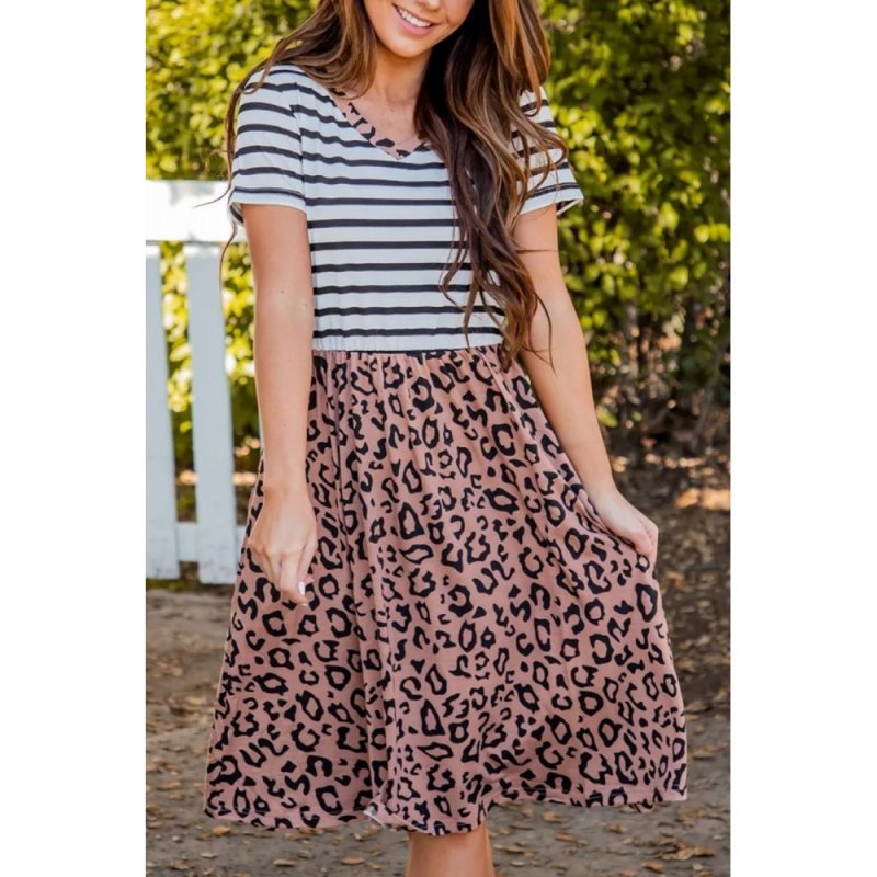 Striped Brown Leopard Print Swing Dress - from category Midi Dresses