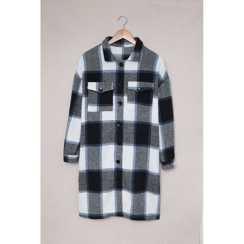 Black Shirt Collar Button Closure Plaid Coat