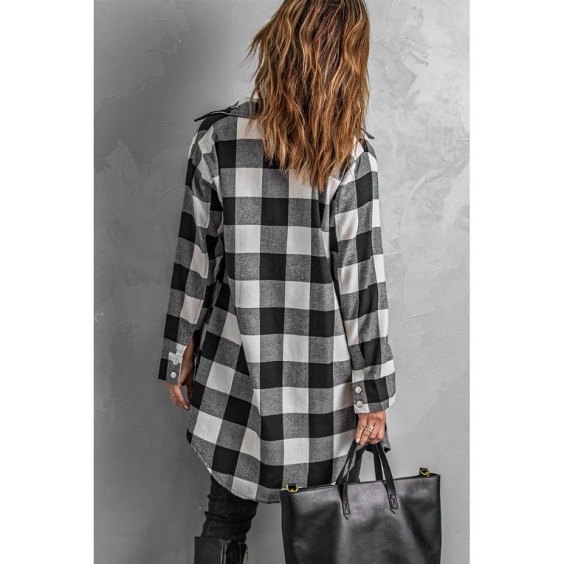 Black Turn-down Collar Plaid Shirt Coat - from category Jackets & Coats