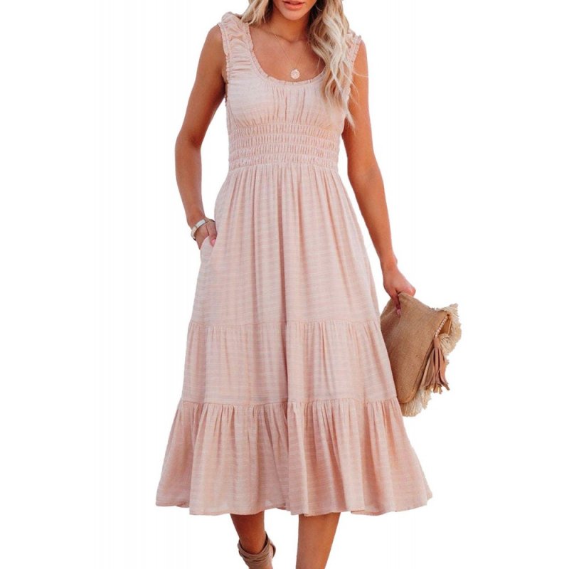 Apricot Smocked Ruched Sleeveless High Waist Midi Dress