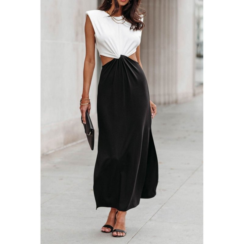 Black Colorblock Cut out Twist Knit Maxi Dress