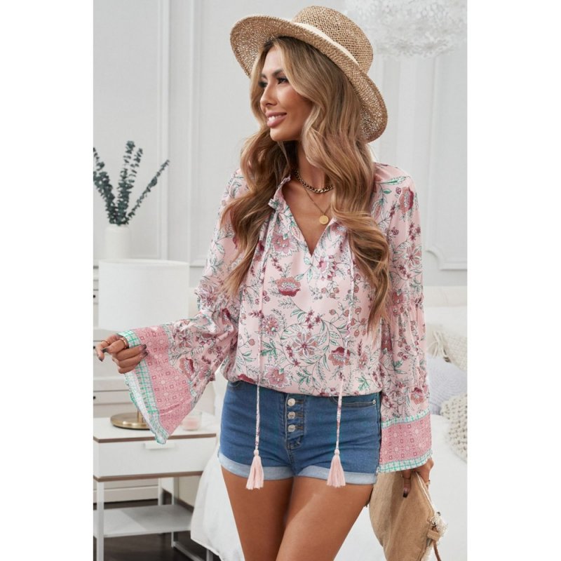 Pink Floral Print V Neck Drawstring Flared Sleeve Top - from category Long Sleeve Tops