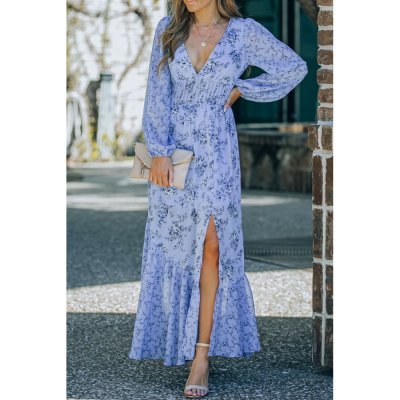 Sky Blue Floral Print Bubble Sleeves Hollow-out Back Maxi Dress - from category Maxi Dresses