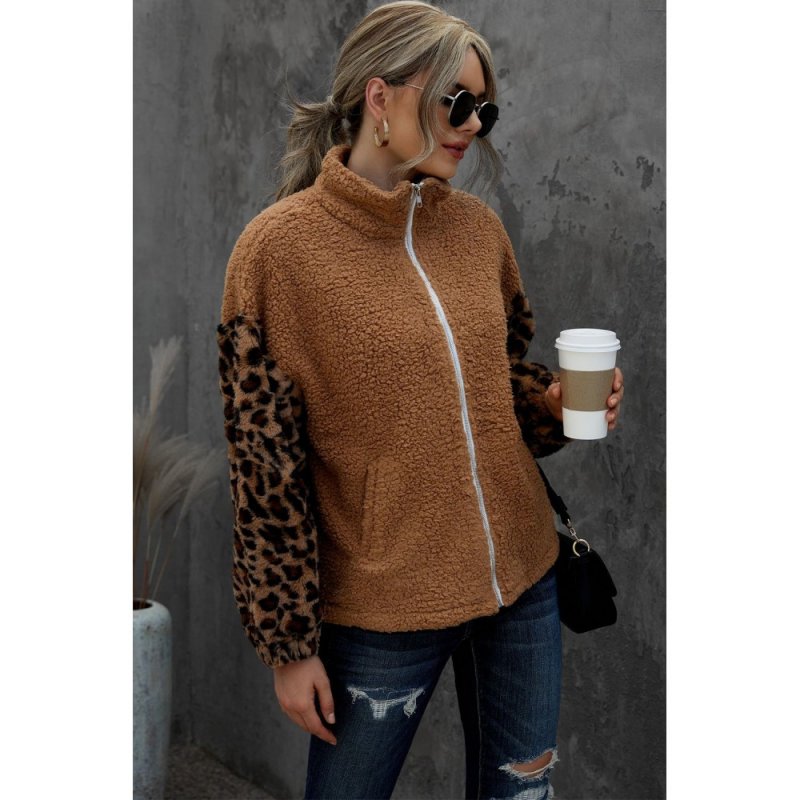 Brown Leopard Raglan Sleeve Zipped Sherpa Coat - from category Jackets & Coats