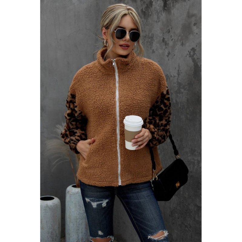 Brown Leopard Raglan Sleeve Zipped Sherpa Coat - from category Jackets & Coats