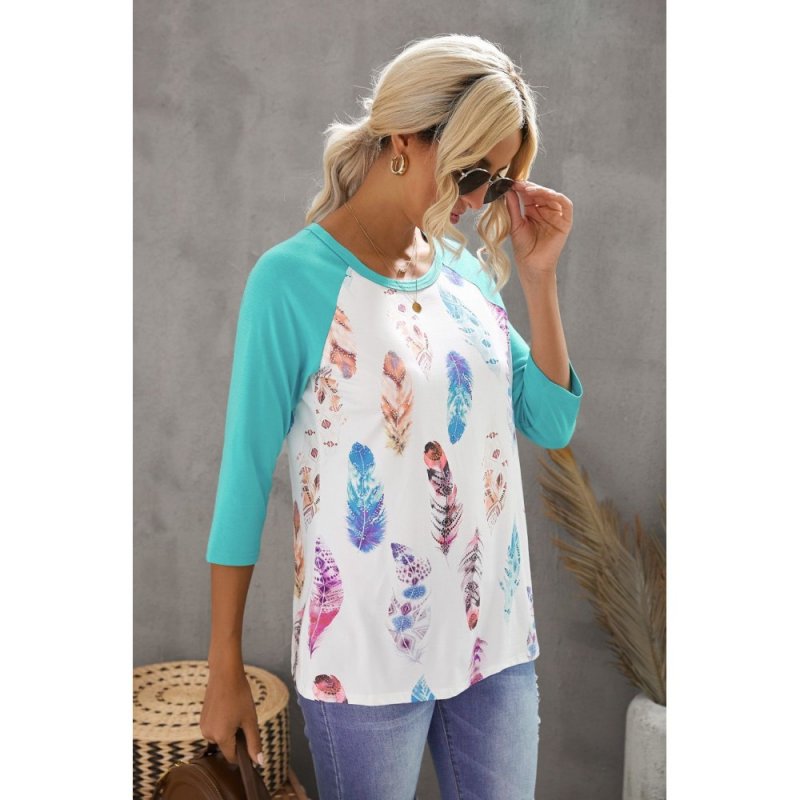 Green Feather Print 3/4 Raglan Sleeve Top