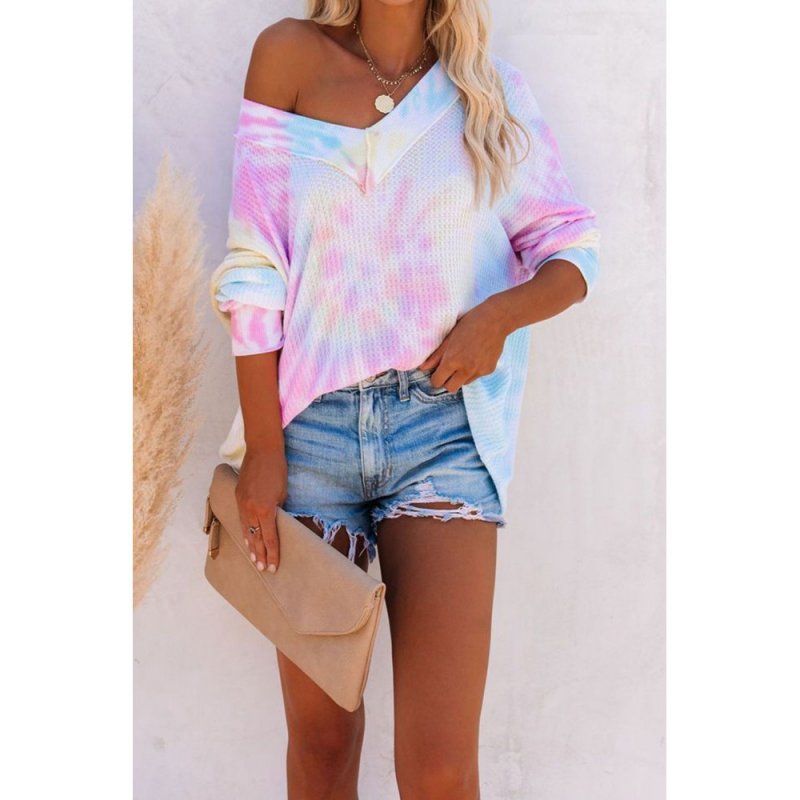 Multicolour V Neck Tie-Dyed Knitted Long Sleeve Top - from category Long Sleeve Tops