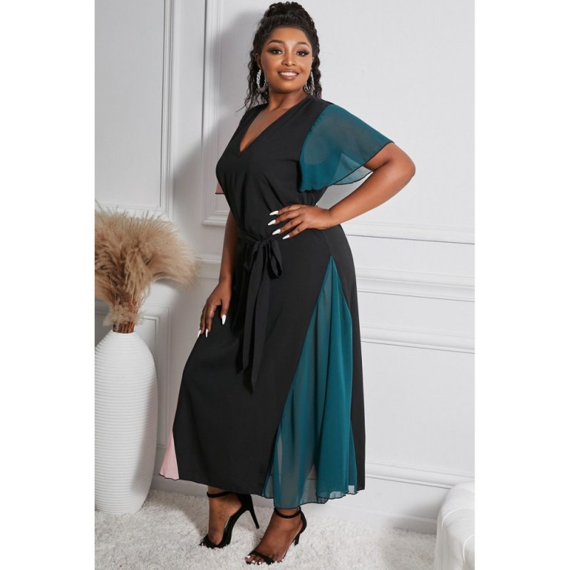 Color Block Lace-up V Neck Plus Size Maxi Dress - from category Maxi Dresses