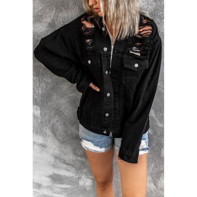 Black Distressed Buttons Chest Pockets Denim Jacket