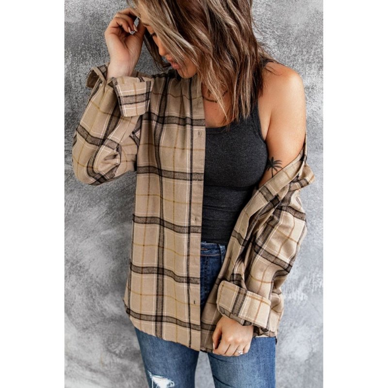 Brown Button-up Long Sleeve Plaid Shacket - from category Jackets & Coats