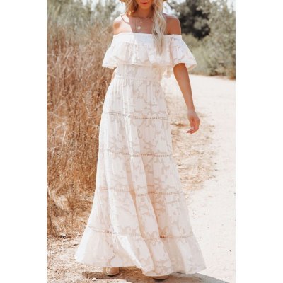 White Off-the-shoulder Ruffled Lace Maxi Dress