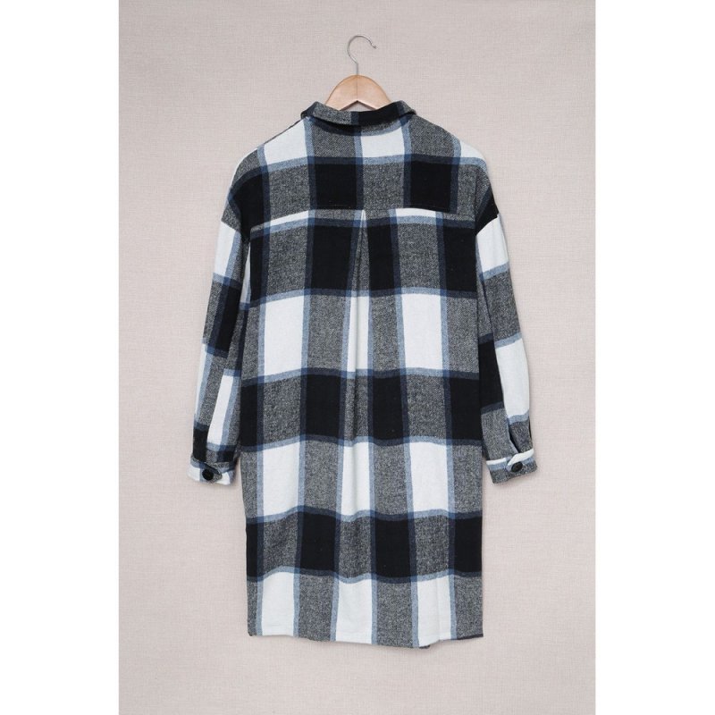 Black Shirt Collar Button Closure Plaid Coat