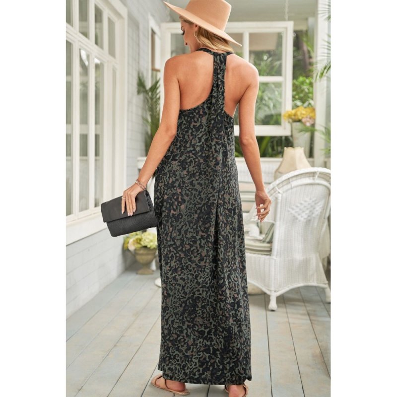 Green Leopard Sleeveless Cut-out Pocketed Maxi Dress - from category Maxi Dresses