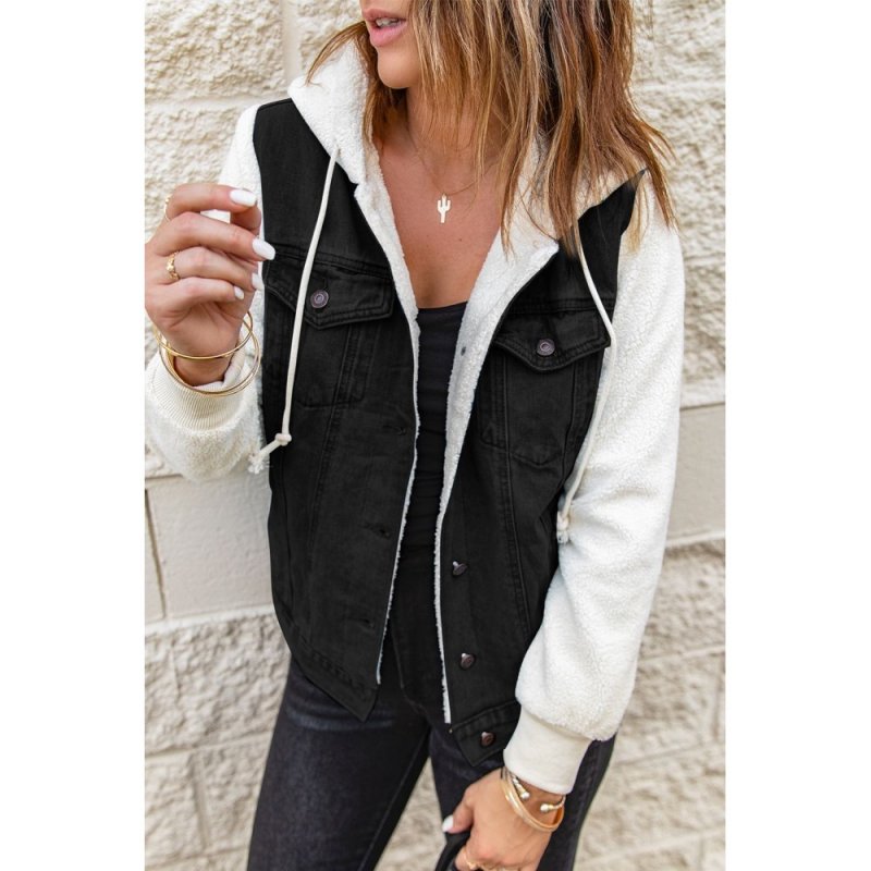 Black Sherpa Denim Splicing Buttoned Jacket