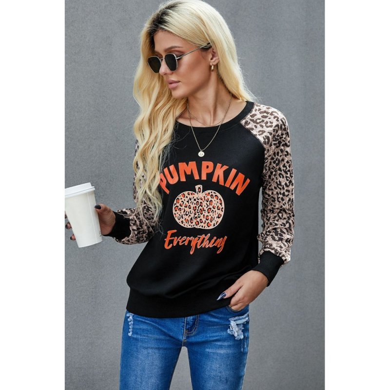 Halloween Leopard Pumpkin Print Long Sleeve Crew Neck Top - from category Long Sleeve Tops