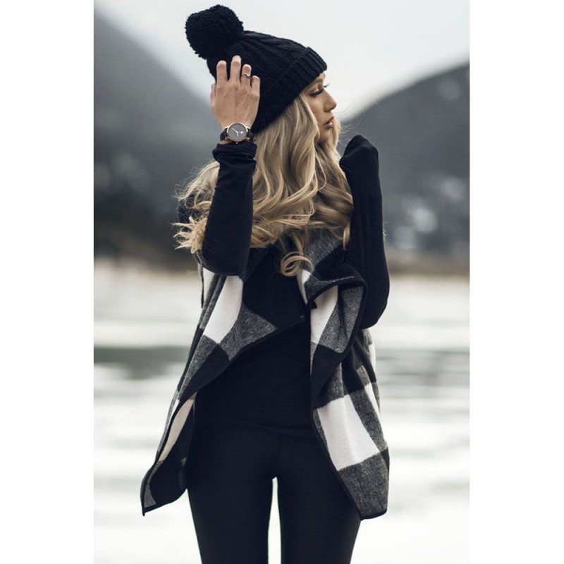 Black White Plaid Open Front Vest - from category Jackets & Coats