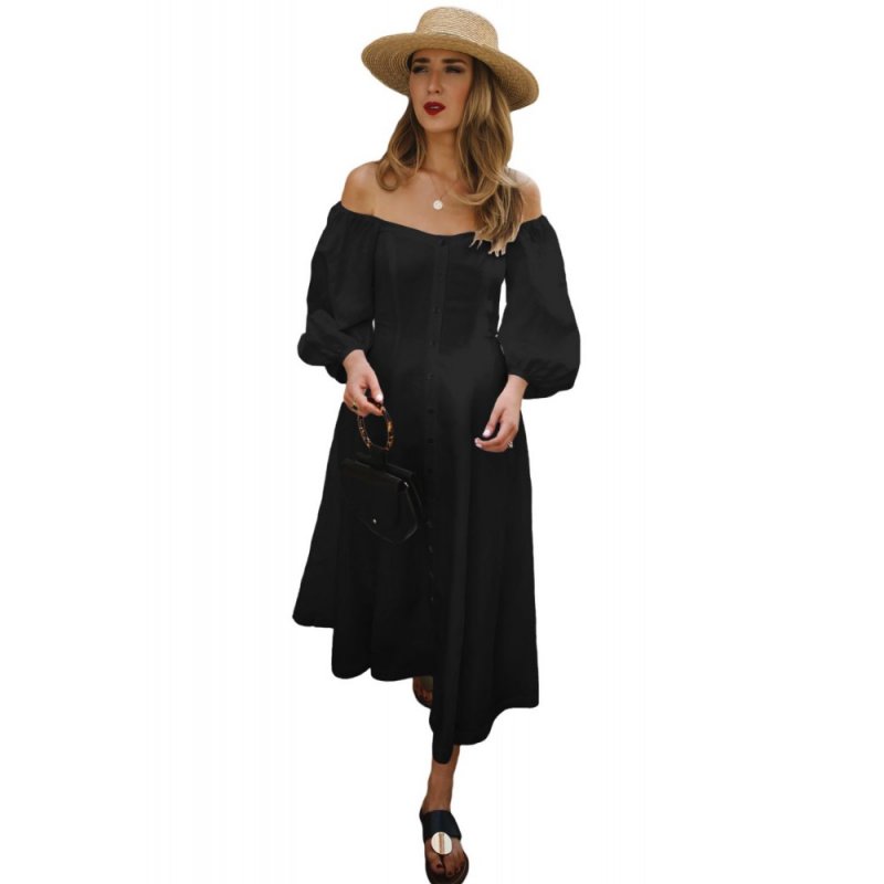 Black Off Shoulder Puff Sleeve Button Front Vintage Dress - from category Maxi Dresses