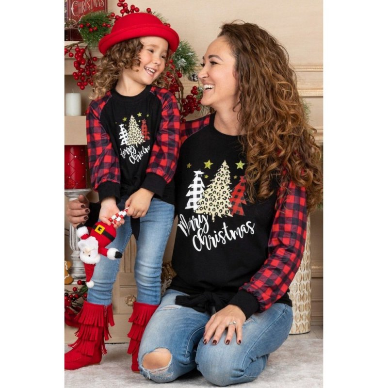 Family Matching Mom's Plaid Christmas Print Tie Knot Long Sleeve Top - from category Long Sleeve Tops